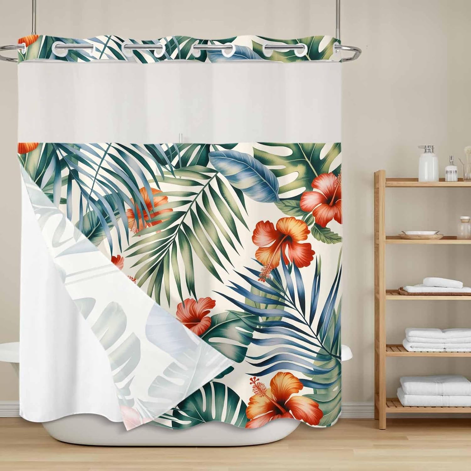 Tropical Plants No Hook Shower Curtain with Snap in Liner, Tropical Hibiscus Flowers Paired Dense Green Palm Waterproof Shower Curtains with See Through Top Window Liner for Bathroom, 72x72 Inches