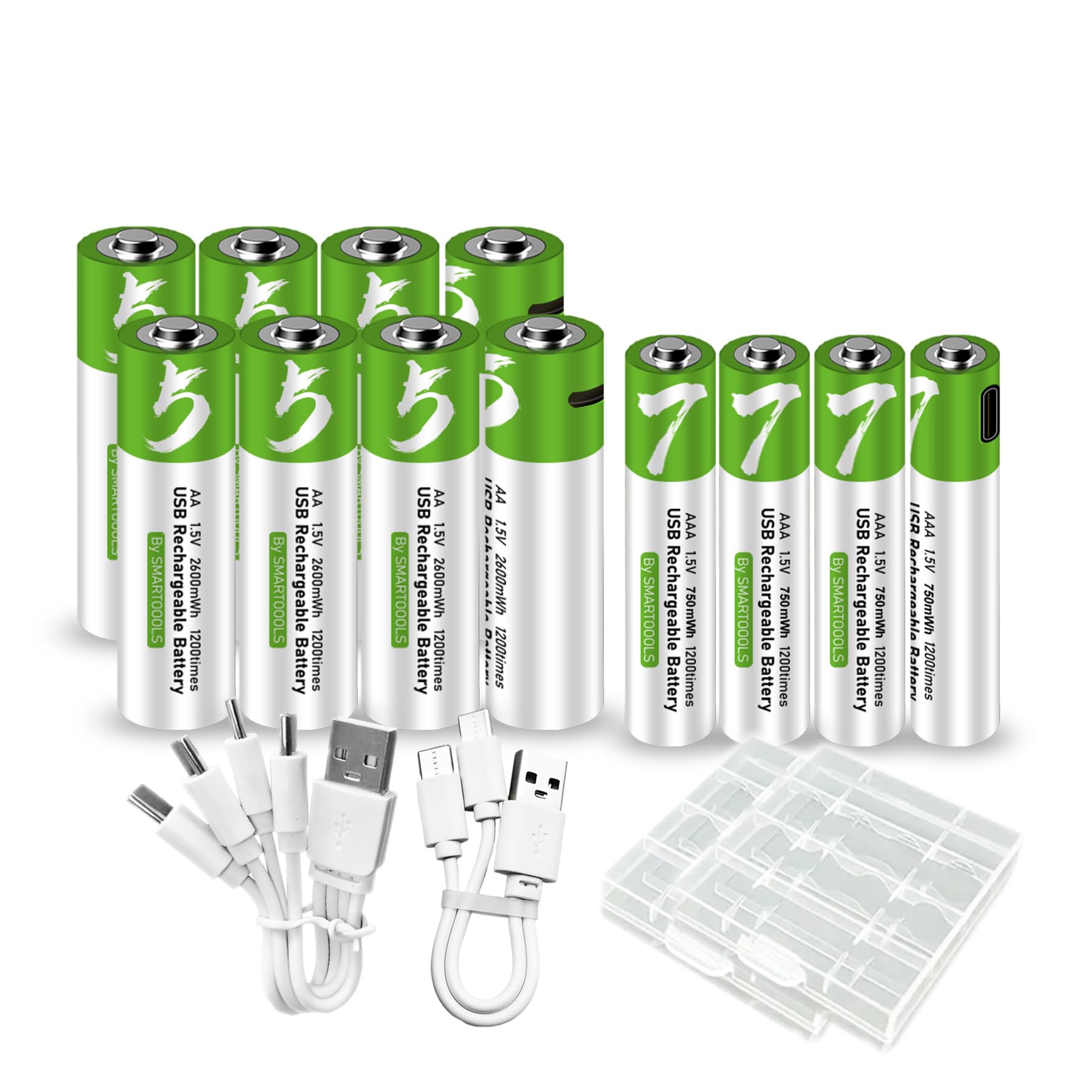 8 batterie AA + 4 batterie AAA AA+AAA, set di batterie ricaricabili agli ioni di litio USB di tipo C, 1,5 V, 1733 mAh, 2600 mWh + 500 mAh, 750 mWh, batteria al litio ricaricabile con cavo di ricarica