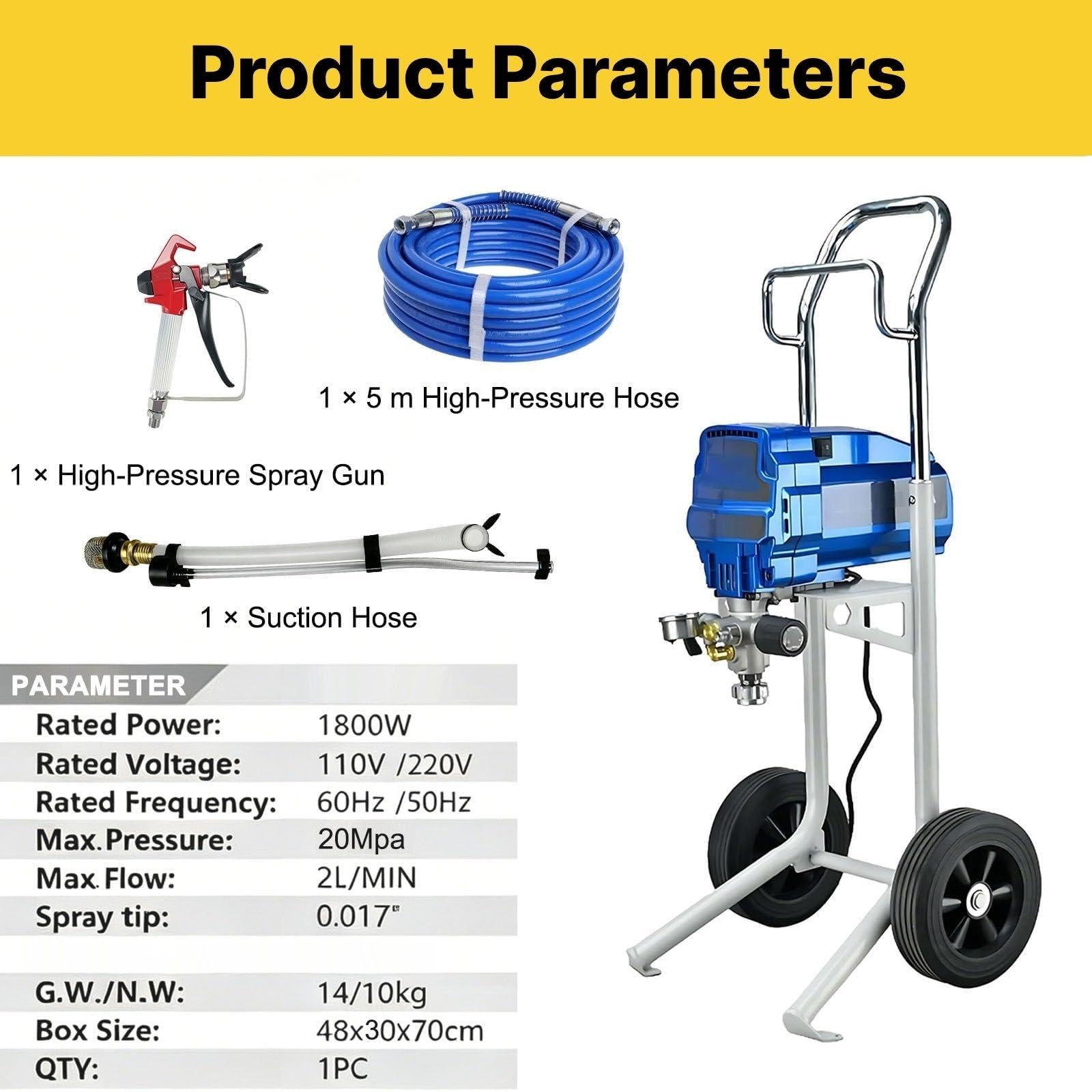 Maquina De Pintura Airless con Ruedas para DIY Propietarios Manitas 1800W Manguera 5m 400㎡/h con Presión Ajustable