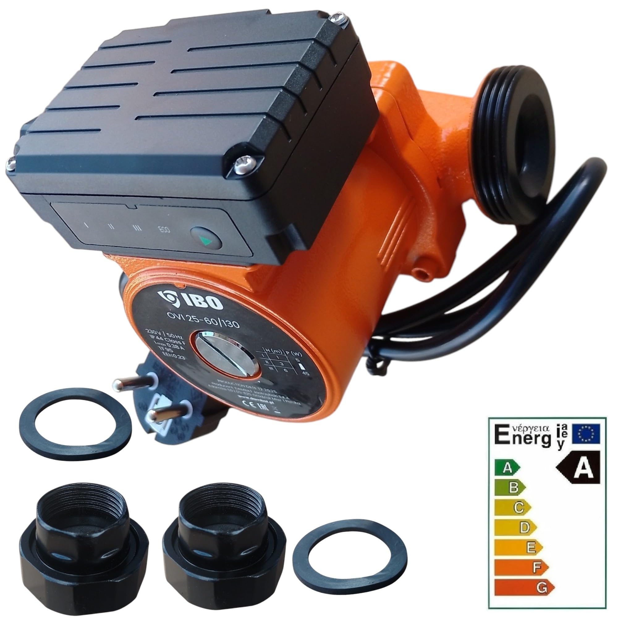 Hocheffiziente IBO 25-40/130 Umwälzpumpe, Heizungspumpe für Warmwasser, 230V, Nassläufer, Anschlüße 1 1/2", (OVI 25-40/130)