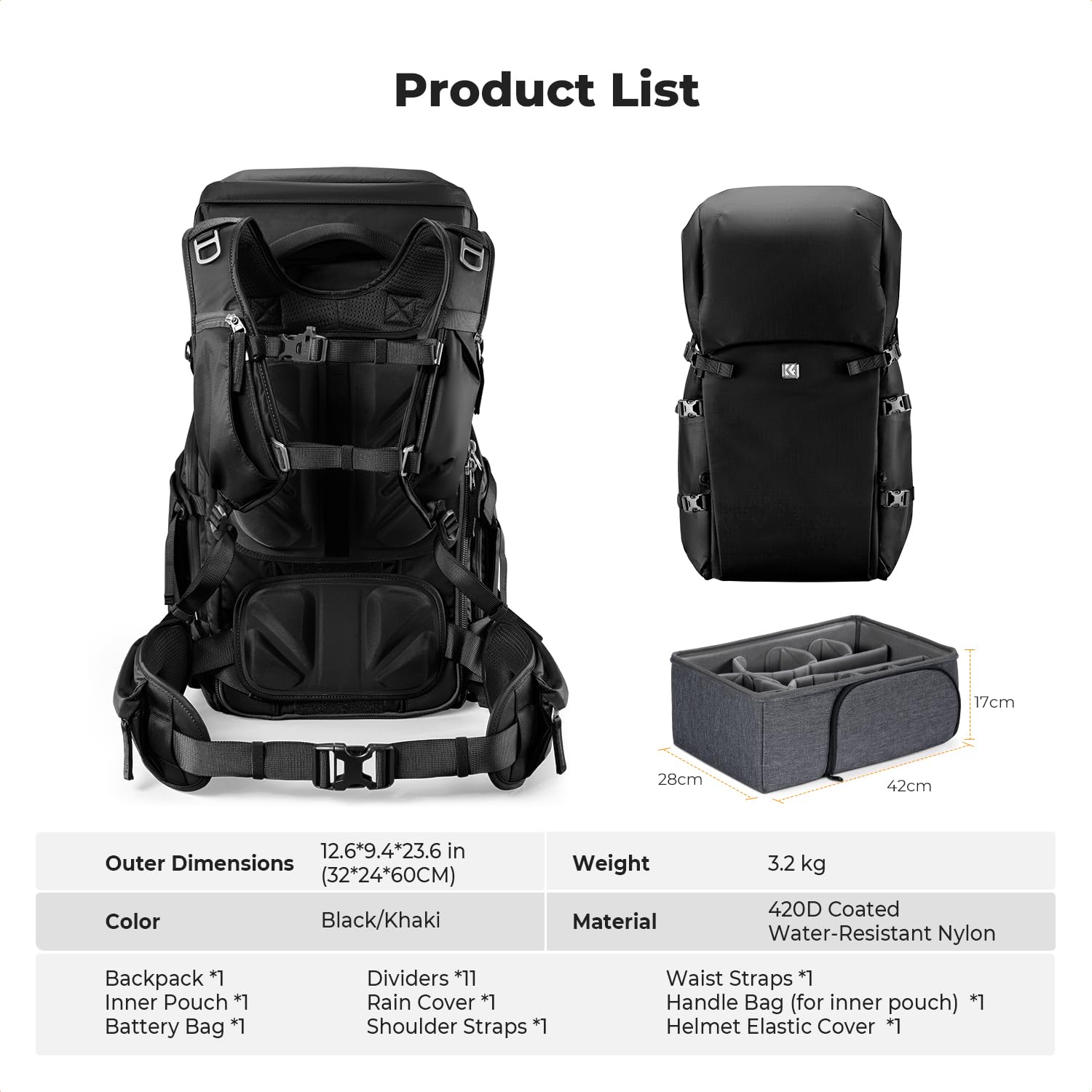 K&F CONCEPT Zaino per fotocamera, zaino da viaggio all'aperto di grande professtional splashproof Borsa a tracolla multifunzionale per Macchine fotografiche, obiettivo, treppiede, laptop, drone
