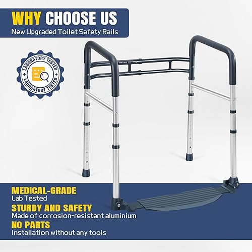 Miniatura 6 de Rieles de seguridad para inodoro con reposapiés, asas de inodoro plegables y portátiles para ancianos, personas mayores, discapacitados y