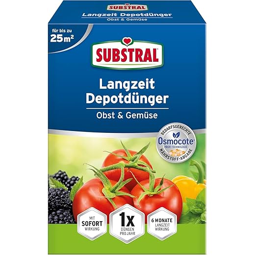 Substral Langzeit Depotdünger Obst & Gemüse, für Tomate, Zucchini, Paprika, Peperoni, Obst, Beeren, uvm, 750 g