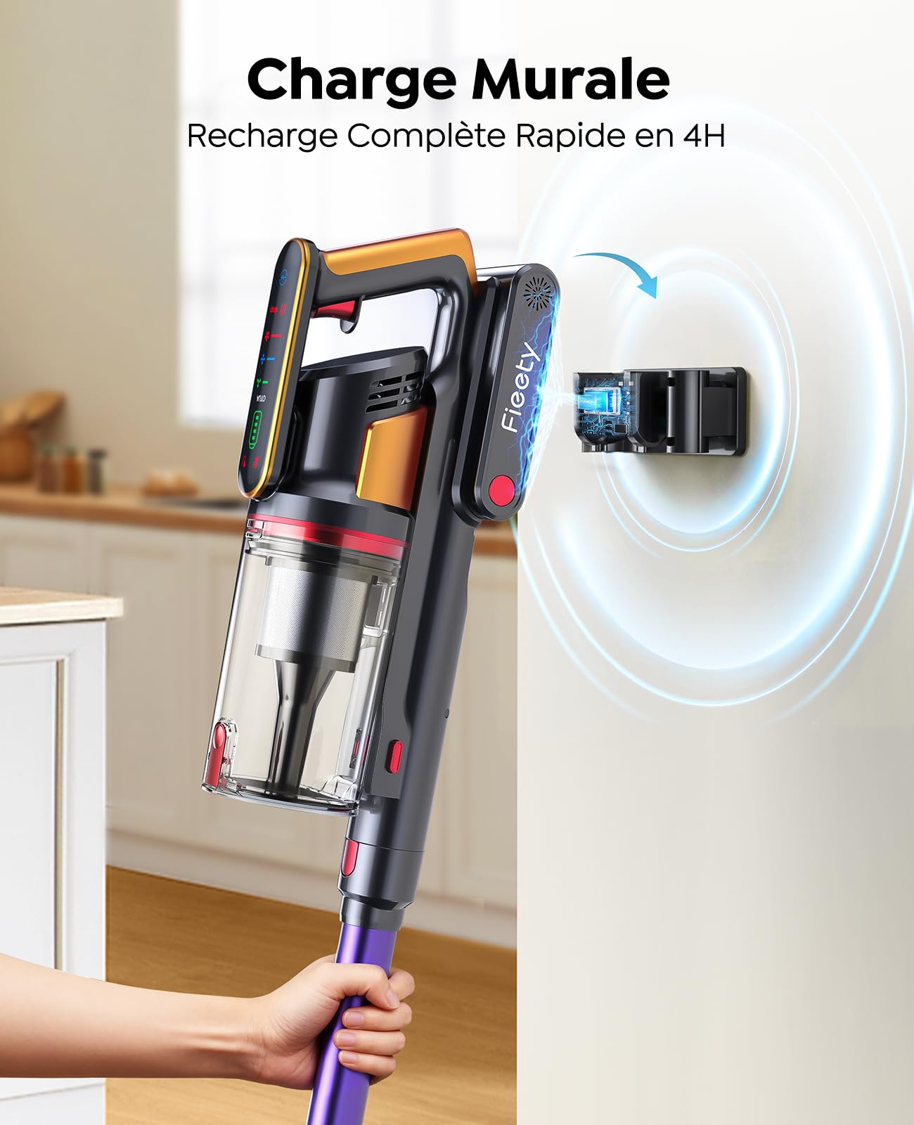 Fieety 50kPa/600W Aspirateur Balai sans Fil, 65Min Aspirateur sans Fil Puissant avec Brosse pour Animaux Tuyau Recharge Murale Mode Automatique Parfumé pour Poils d’Animaux Tapis Sols Durs et Voiture