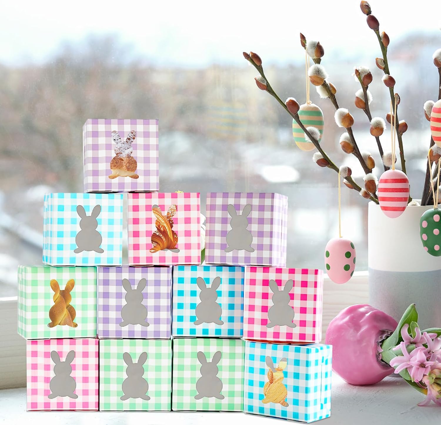 12 Pack 4x4x2.6 Inches Colorful Bunny Boxes with Window, Buffalo Plaid Kraft Cardboard Goodie Cupcake Strawberry Treat Candy Box for Easter Day, Spring Decorations, Gift Containers Party Supplies image 4