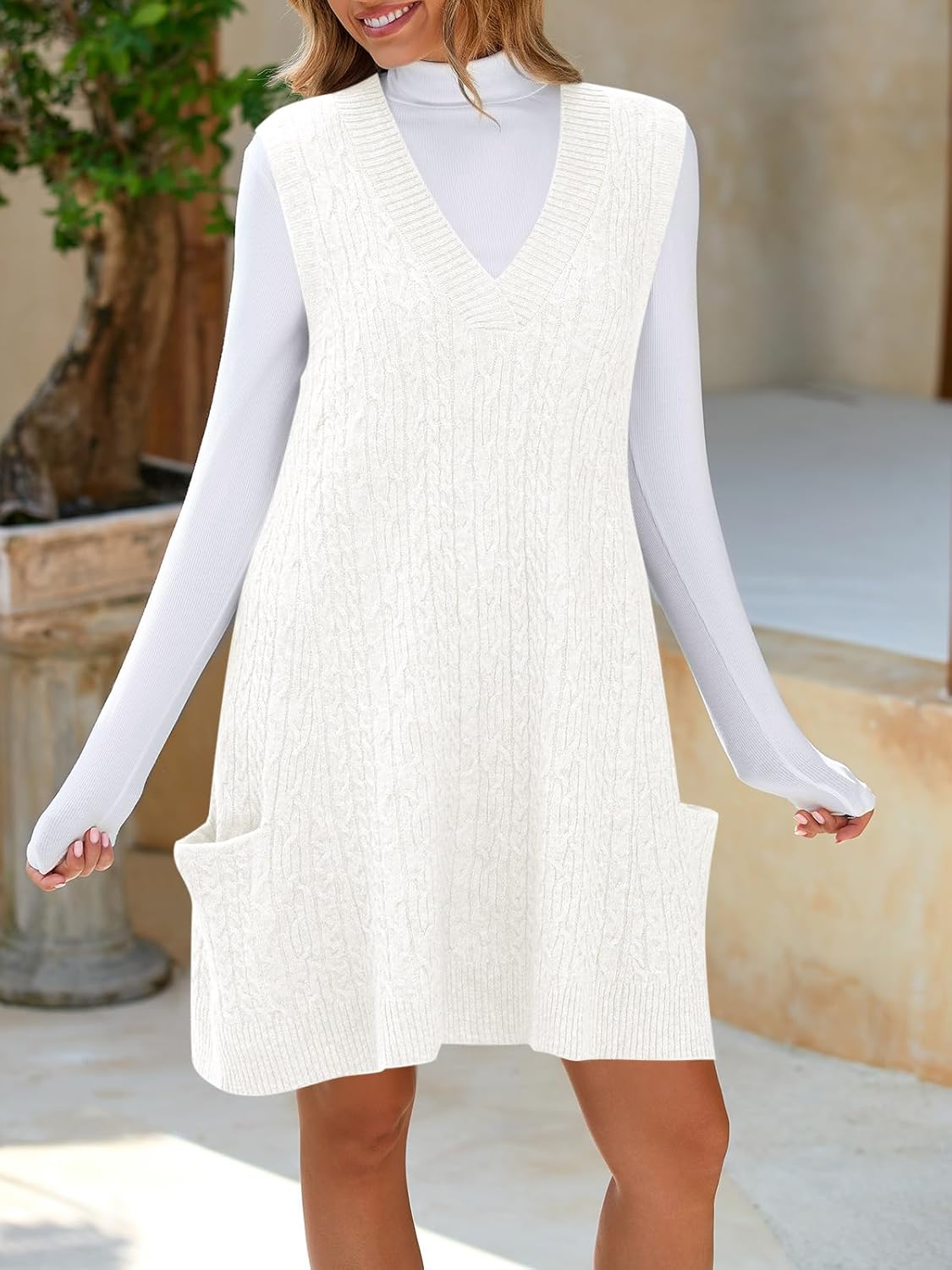Cicy Bell Womens Oversized Sweater Vest Dress V Neck Sleeveless Fall Trendy Casual Knit Cable Mini Dresses - Image 6