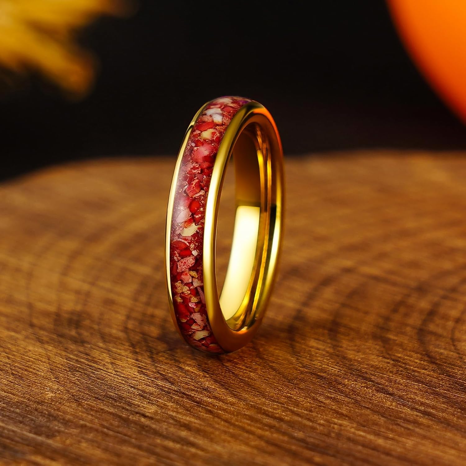 Emperor Jasper Stones Tungsten Carbide Ring, Golden 4mm Wedding Band for Woman, Red Lake Blue Purple Green Pink Colors, Anniversary Birthday Christmas Gift