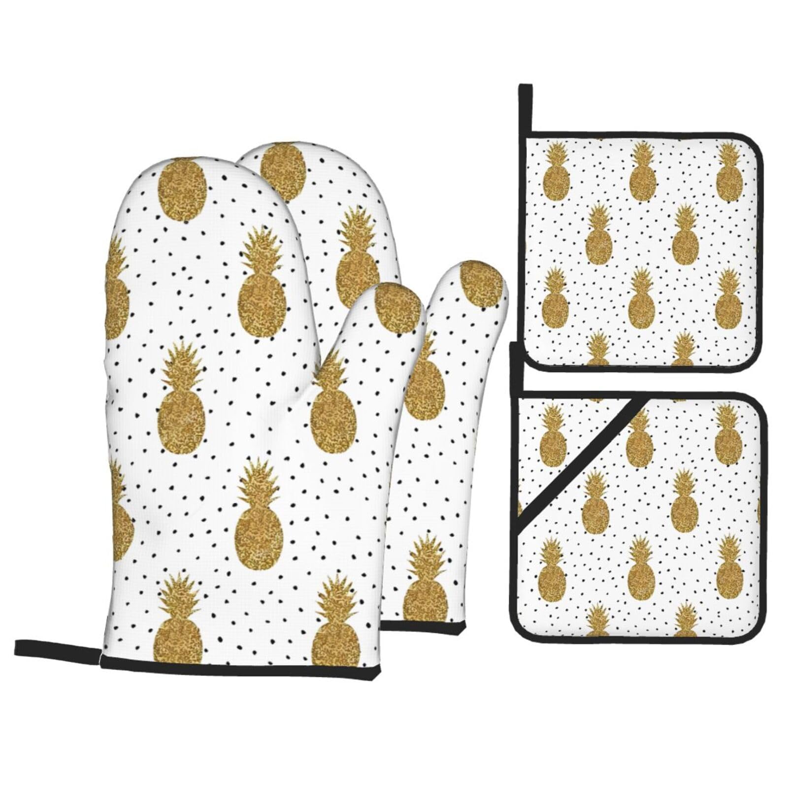 WHJSSF Gold Glitter Pineapples Fruit Prints 4-Piece Waterproof Oven Throws & Heat Resistant Pot Covers – Durable Kitchen Layers for Grilling & Baking