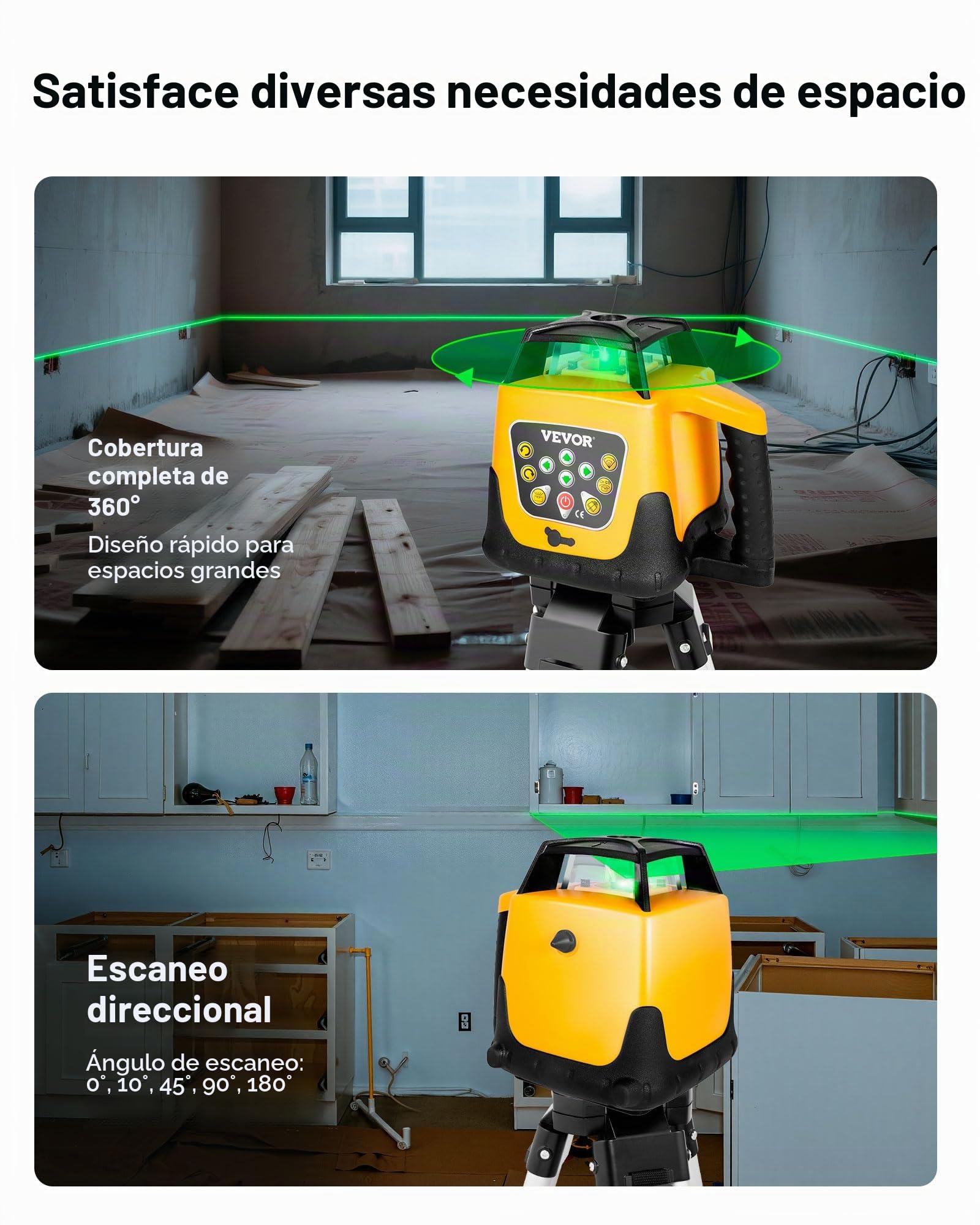 VEVOR Kit de Nivel Láser Giratorio, Haz Verde, Alcance 500 m, Inclinación Ajustable, Giro de 360 Grados, Autonivelación, Ángulo de Escaneo Flexible, Precisión, con Receptor de Control Remoto