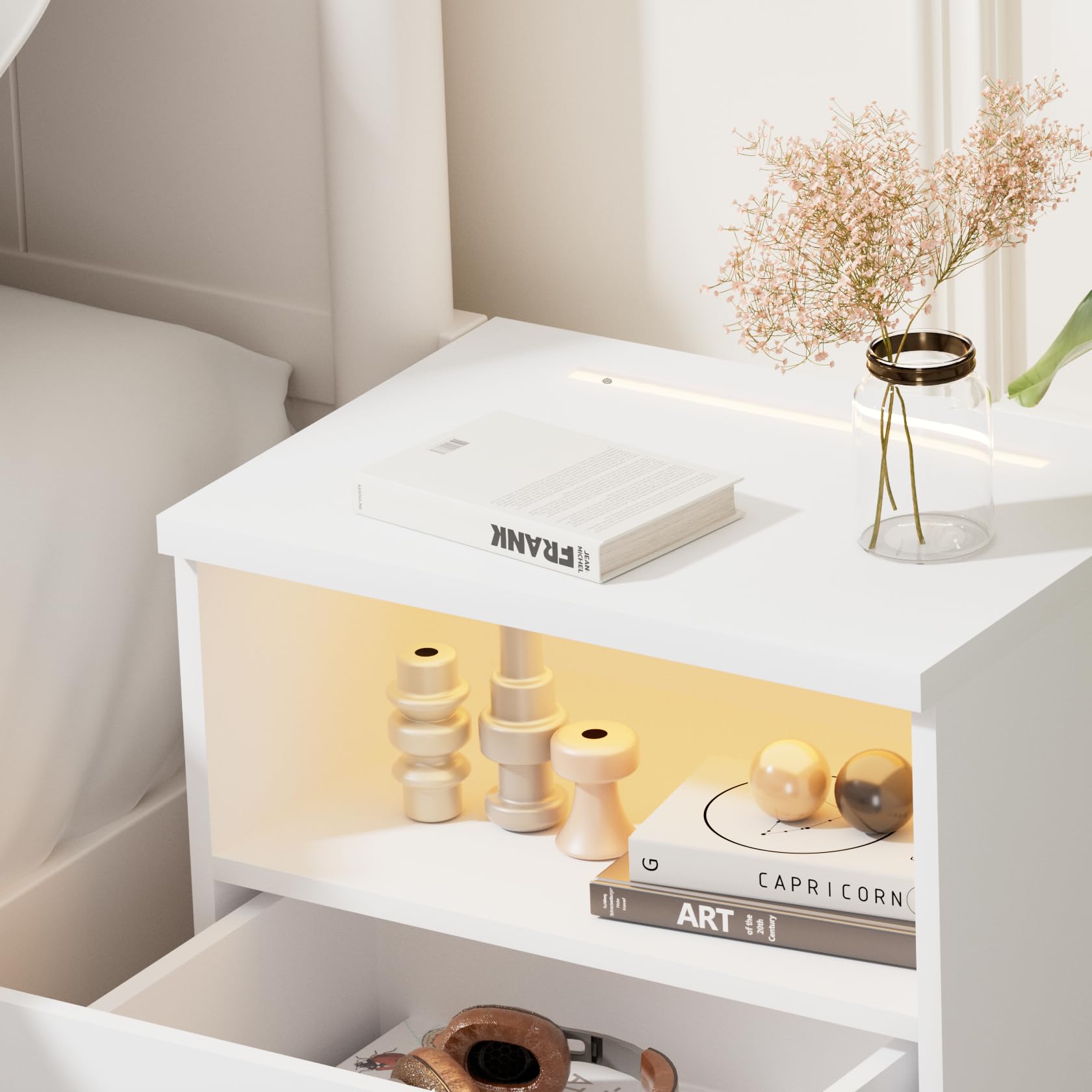 Casaria 2X Nachttisch mit LED Ablagefach Weiß | 40x28x55 cm, für Boxspringbett, 55cm Komfortable Höhe, Schlafzimmer, Haushalt, Beistelltisch, Dimmbare Beleuchtung, Holz