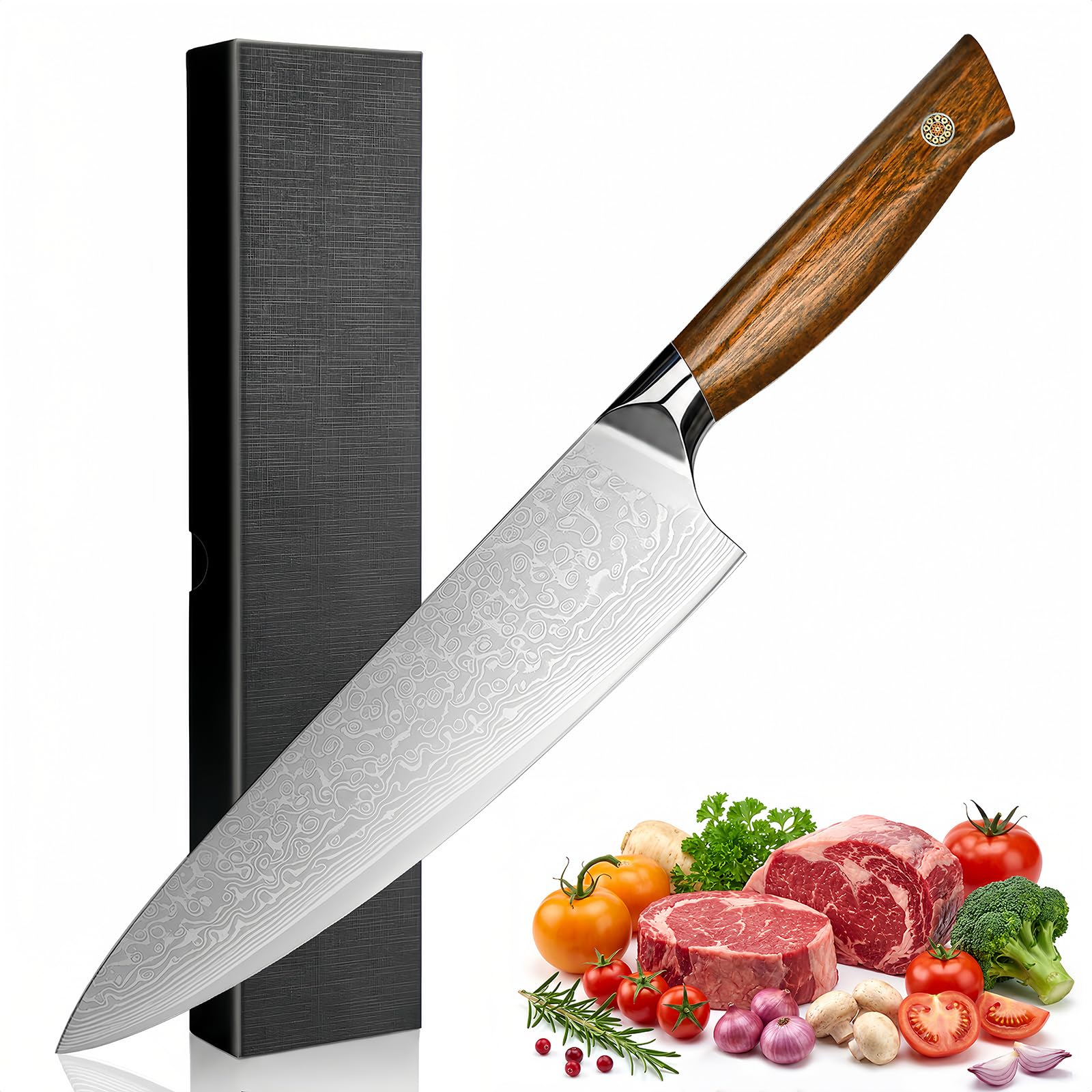 Japanese Chef Knife 8-Inch, VG10 Damascus Kitchen Knife Full Tang