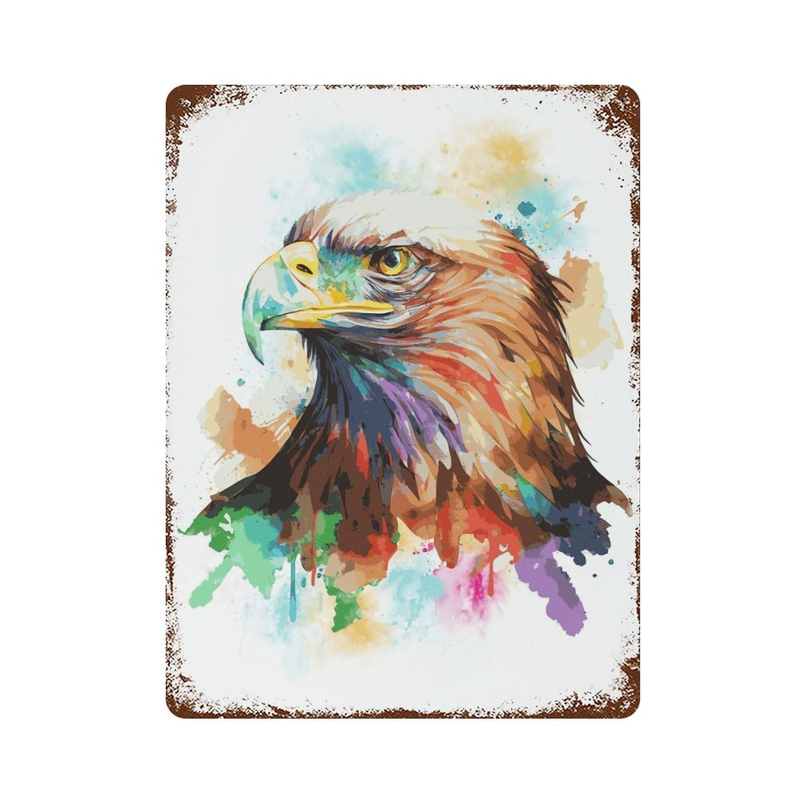 Watercolor Bald Eagle Art Aged Metal Wall Plaque 15.7"x11.8", Old School Wall Decor for Garage, Pub Or Kitchen