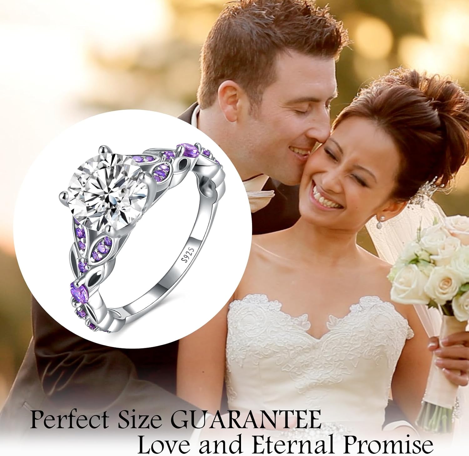 925 Sterling Silver Birthstone Ring for Women, Butterfly Created Amethyst/Emerald Cubic Zirconia Engagement Band, Promise Wedding White Gold Plated Rings for Anniversary Birthday, Size 6-10 - Image 6