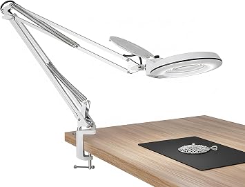 Magnifying Glass with Light,10X LED Dimmable Lighted Desk Lamp with Clamp and Stand,Hands Free Magnifier-Adjustable Stainless Steel Arm for Close Work Reading Hobbies Crafts Painting Sewing