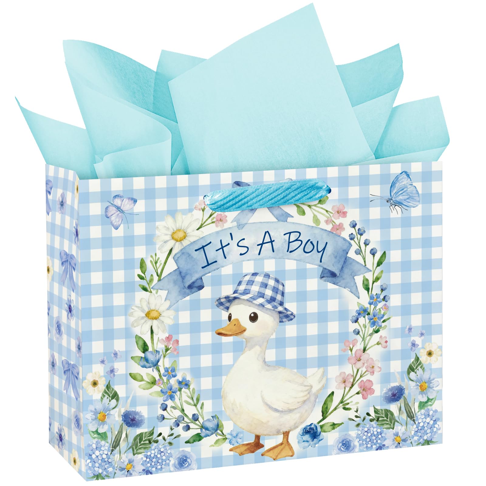 Loveinside 13" Large Duck Baby Shower Paper Bag with Tissue Paper - Blue Check and Cartoon Duck Design Gift Bags for Baby Boy Shower Boys Birthday