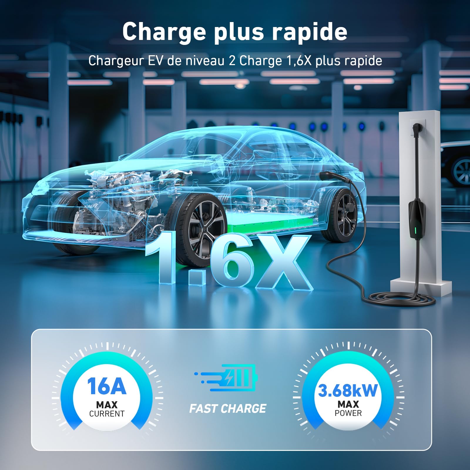 Evjuicion Chargeur Voiture Electrique 8 Mètres 16A 3,68kW Schwarz Cable de Recharge Voiture Électrique avec Voyant LED, Bleu Portabilité Domestique EV Chargeur Type 2 avec Sac Rangement, IEC 62196
