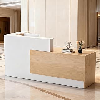 L-Shaped Large Wooden Reception Desk, Modern Front Desk Reception Counter with Lockable Drawers & Storage & Keyboard Tray, for Checkout, Lobby (Left-Natural Wood/White, 71''L x 42''W x 41''H)