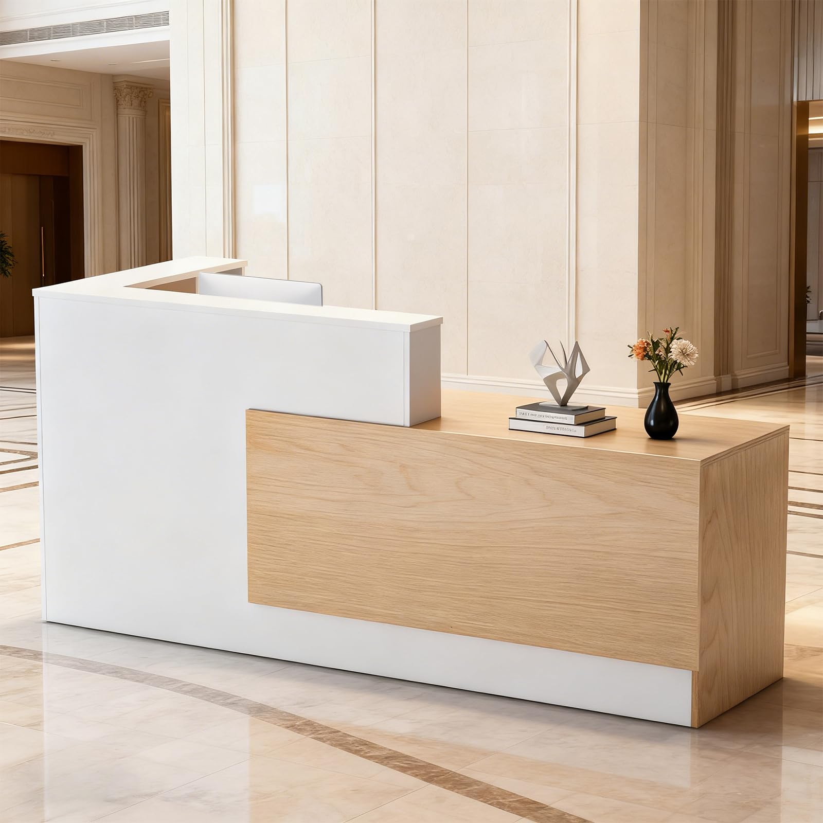 Escritorio de recepción grande de madera en forma de L, moderno mostrador de recepción con cajones con cerradura y bandeja de almacenamiento y teclado, para pagar, vestíbulo (madera natural izquierda