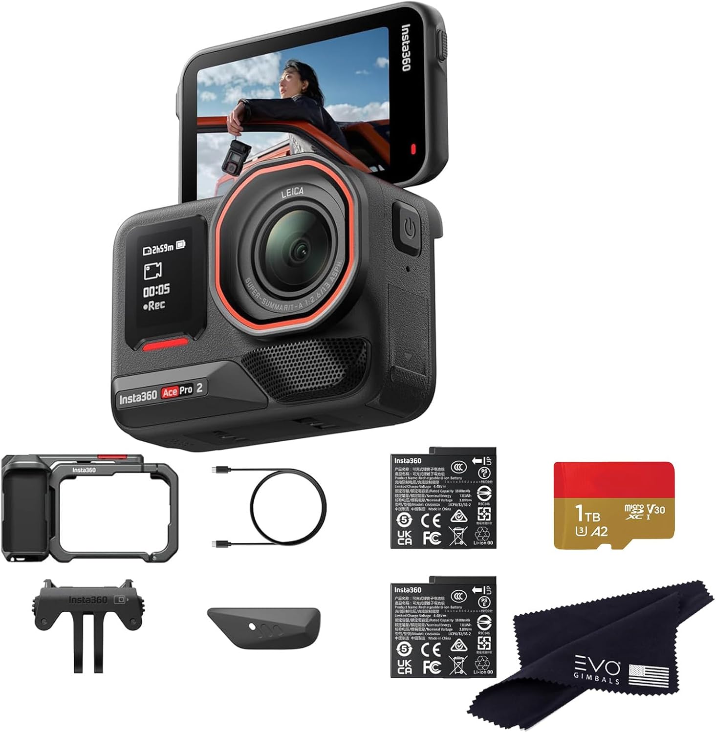Insta360 Ace Pro 2 Dual Battery Xplorer Bundle with 1TB Card- 8K Waterproof Action Camera Co-Engineered with Leica, Flagship 1/1.3" Sensor, 8K30fps, 4K60fps, 2.5" Flip Screen, AI Noise Reduction