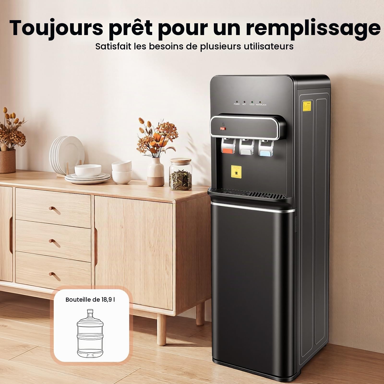 Distributeur d'eau sur pied, 3 réglages de température, eau chaude, froide et ambiante, refroidisseur d'eau en bouteilles avec chargement par le bas, pour distribution d'eau potable au bureau, à la
