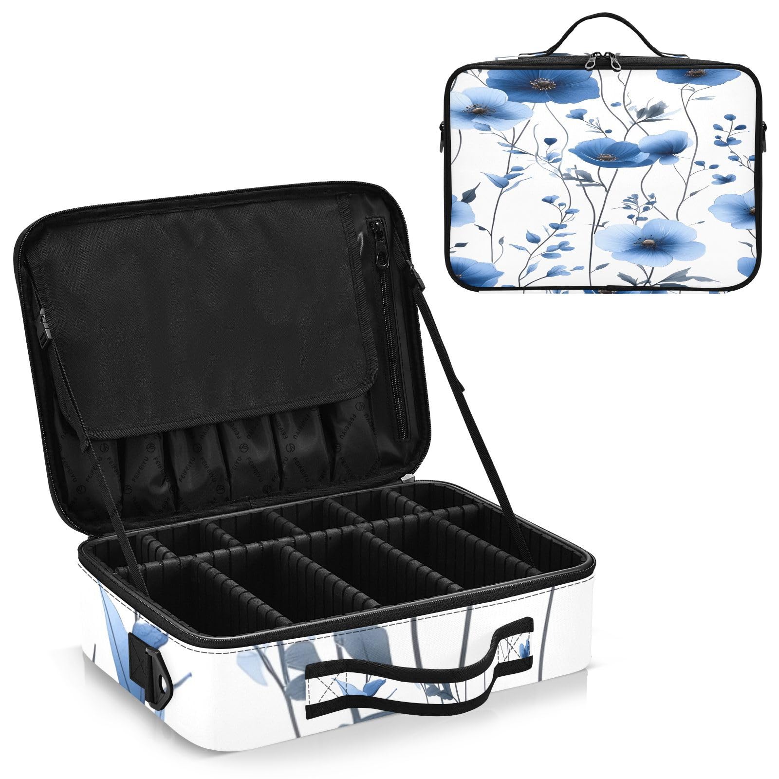 zyrtty Travel Makeup Train Case Blue Flowers Leaves Pattern Cosmetic Organizer Portable Storage Bag with Adjustable Dividers for Cosmetics Brushes Toiletry Jewelry Digital Accessories