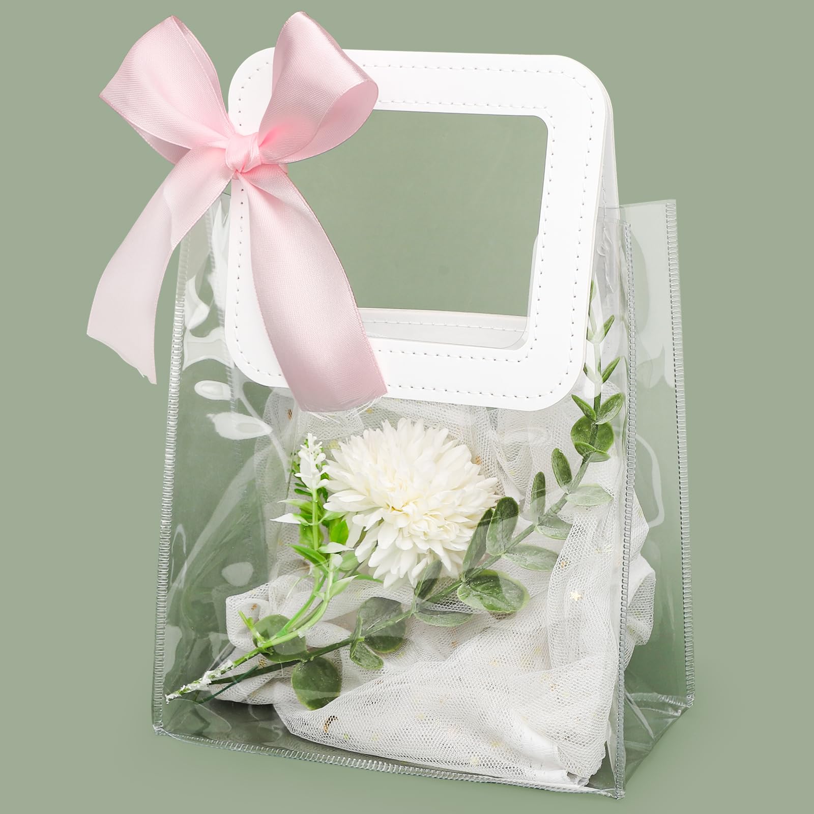 Sweetude Transparente Geschenktüten Mit Rosa Schleife – 24 Stück, 20 X 20 X 8,5 Cm, Mit Griff, Inkl. Karten & Bast, Für Hochzeit & Geburtstag