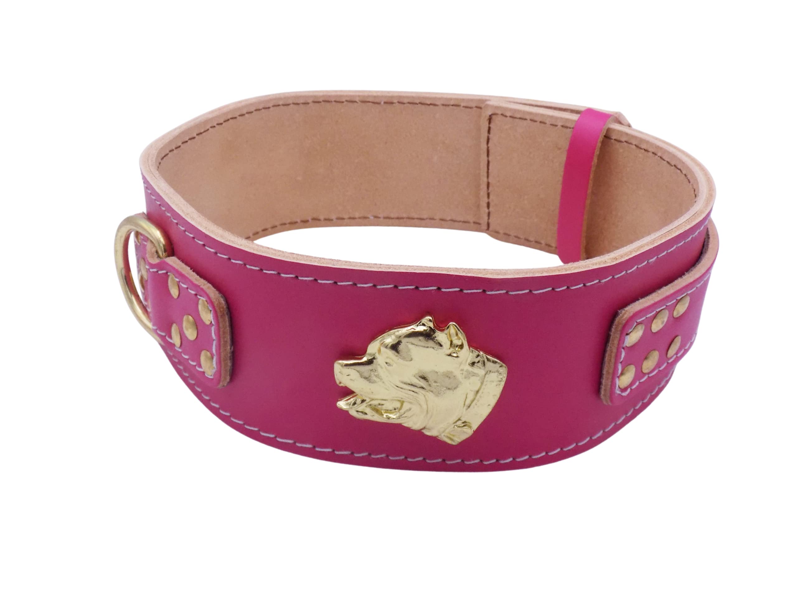 Unique American Bully GOLD Heavy Duty 2.5 inch Wide Leather Dog Collar with American Bully Head Motif (X-Large: 27" - 32", Deep Pink)