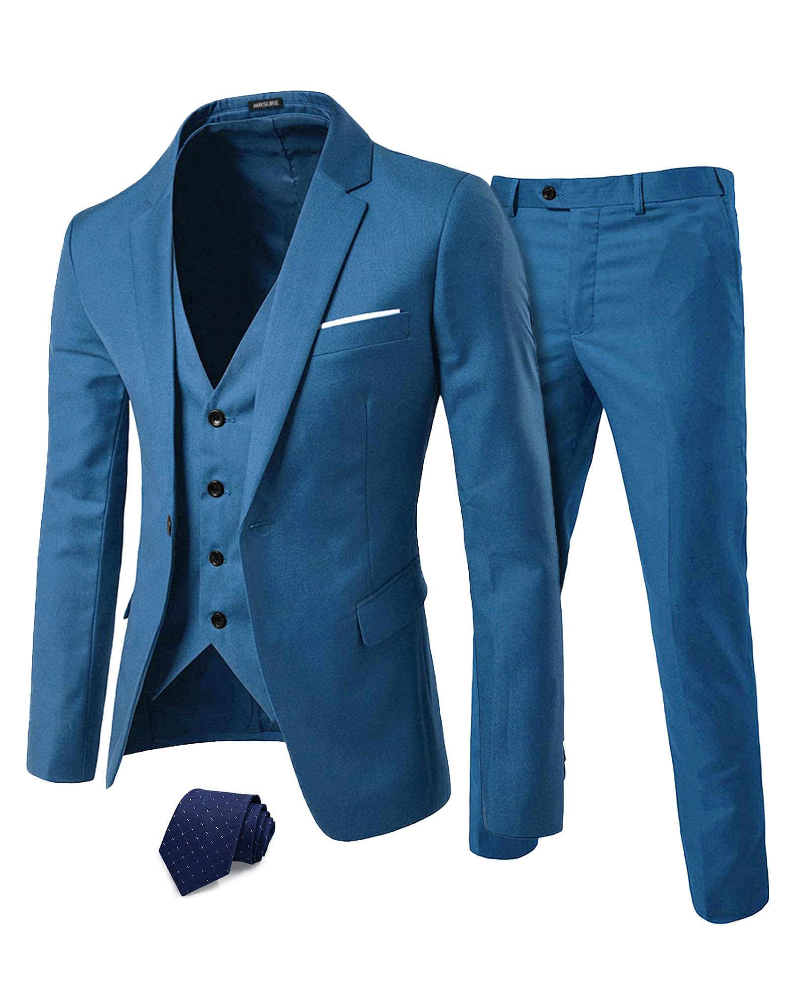 MrSure Men’s 3 Piece Suit Blazer, Slim Fit Tux with One Button, Jacket Vest Pants & Tie Set for Party, Wedding and Business, Blue, 3XL
