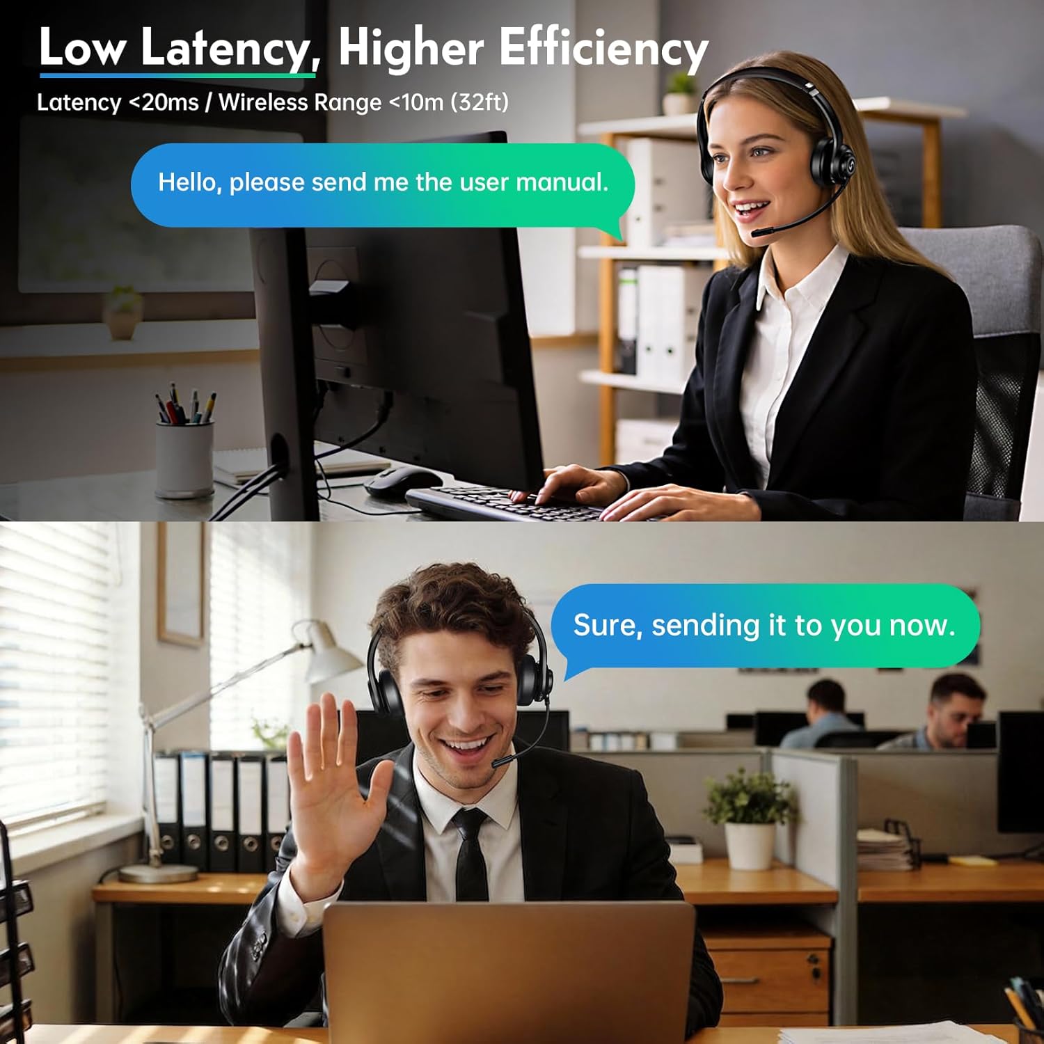 Wireless Headset with Mic for Work, Dual-Mode Connectivity, Stable 50+ Playtime& 2.4GHz Dongle Fit for PC/ PS4/ PS5/ Cell Phones, Bluetooth Headset for Work- Call Center/Teams- Black