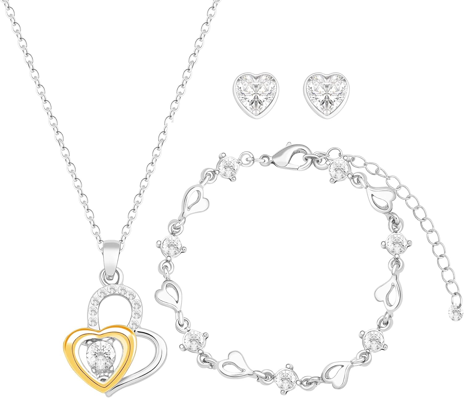 Love Heart Bridesmaid Jewelry Set for Women 1-4-6-8 Sets 18K Gold & Rose Gold & Silver Plated Pave Rhinestone With Crystal Necklace Earrings Bracelet Set Gift for Wedding/Engagement/Anniversary