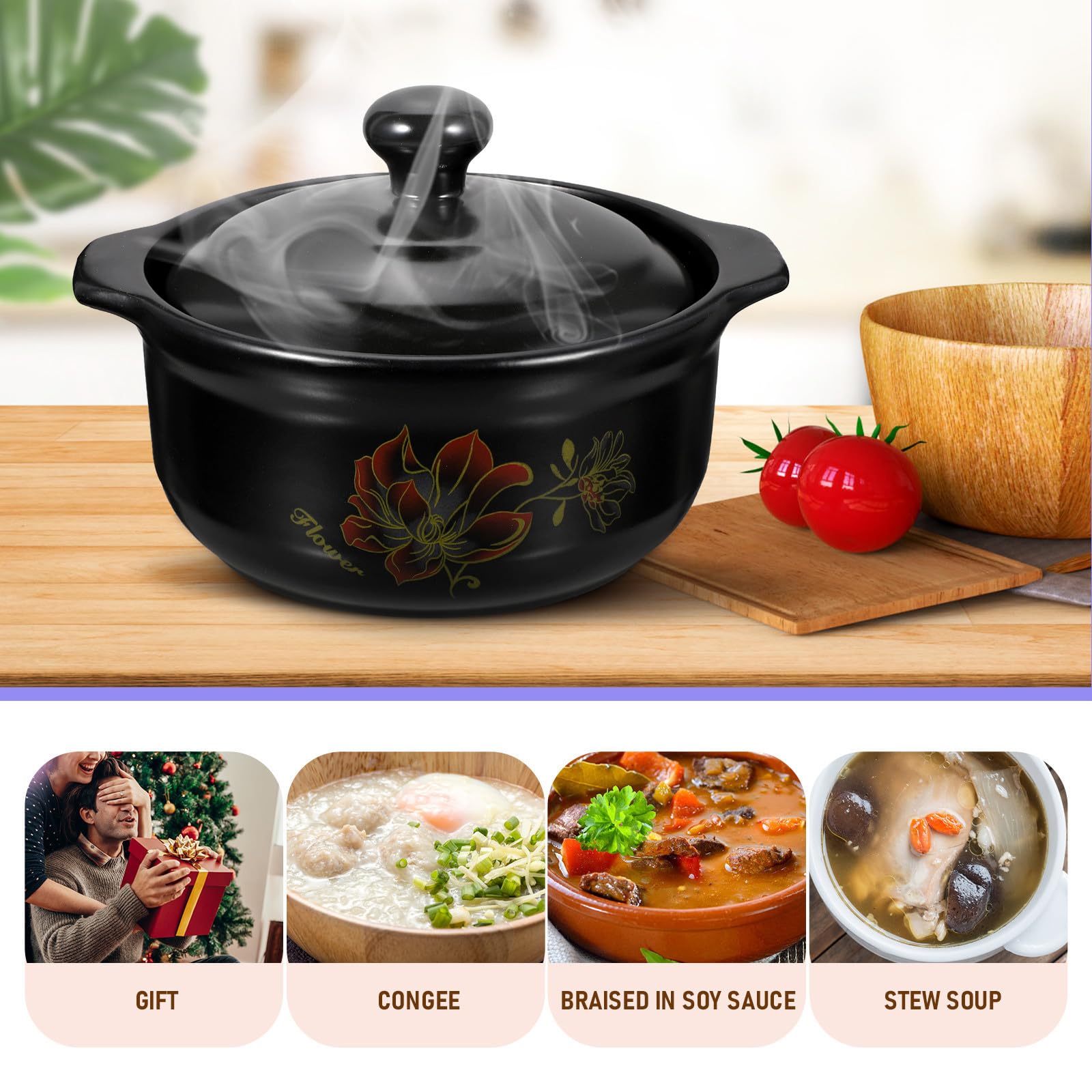 Pentola in Ceramica Nera Coperchio, per Cucina e Cottura | Distribuzione Uniforme del Calore, Conserva Calore, Praticità Elevata, Uso Domestico Quotidiano