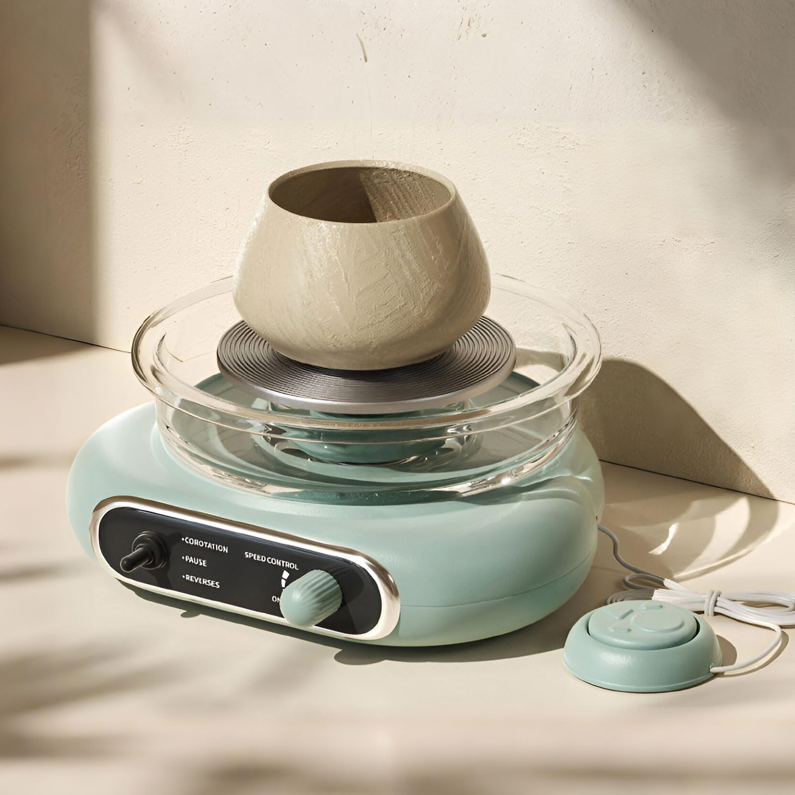 Elektrische Töpferscheibe mit stufenloser Geschwindigkeit & Fußpedal-Stopptaste - 12cm Pottery Wheel + 8-teiliges Zubehörset - Töpferset für Zuhause (Grün)