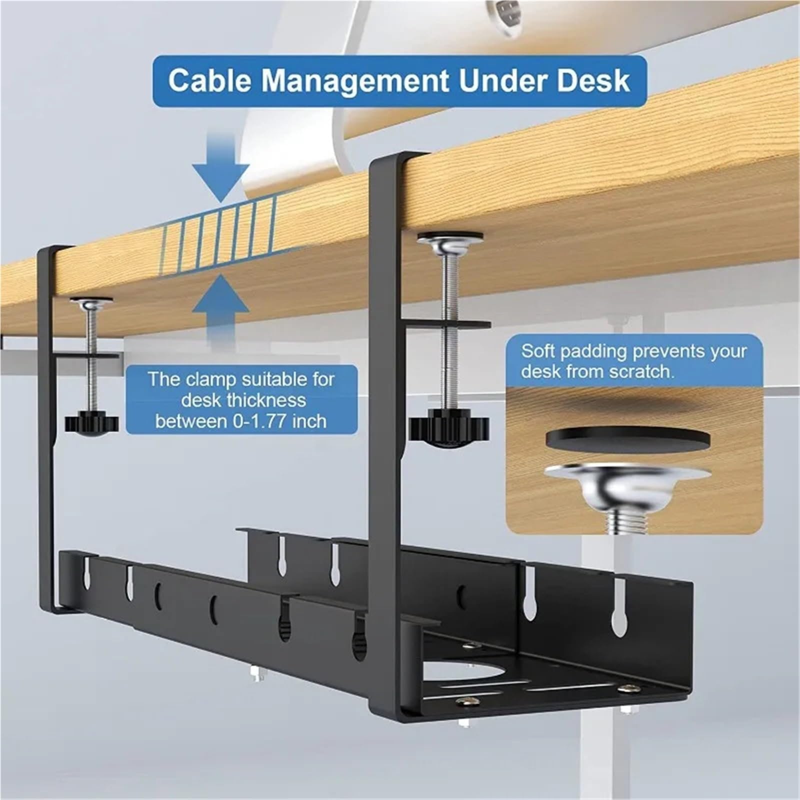 Bandeja Organizadora De Cables Bajo El Escritorio Bandeja de cables Metal extensible debajo del escritorio, sin perforación, con abrazadera, soporte cable regleta retráctil(Black)