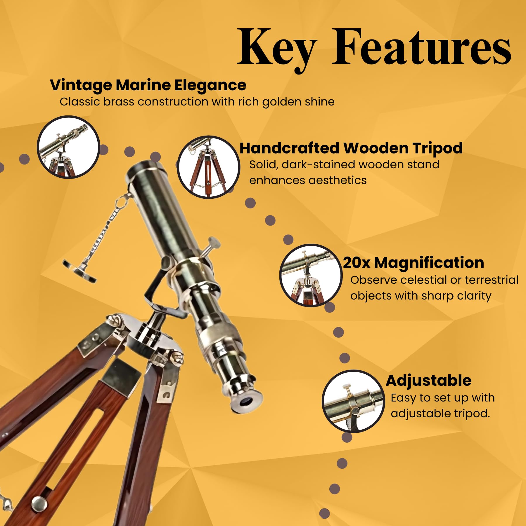 Vintage Brass Telescope - Wooden Tripod Stand -3