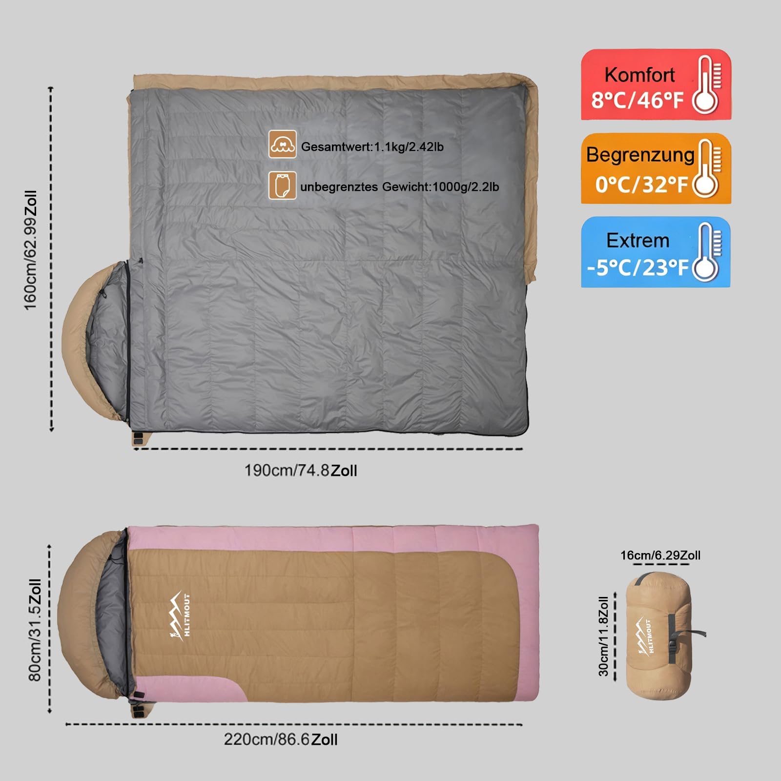 Daunen Deckenschlafsack (Rosa, 0 bis 12 Grad) | leichter kleiner schlafsack für 3~4 Jahreszeiten Camping, Wandern und Trekking
