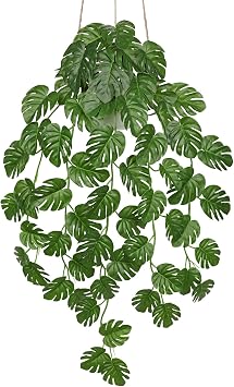 GnFlus 1 Pack 28.3" Monstera Hanging Vine Artificial Plant, Green, Realistic, Lush, Durable Pebble Arrangement PE Material, Indoor and Outdoor, Home Decor, Office Decor, Hotel Decor, Exhibition