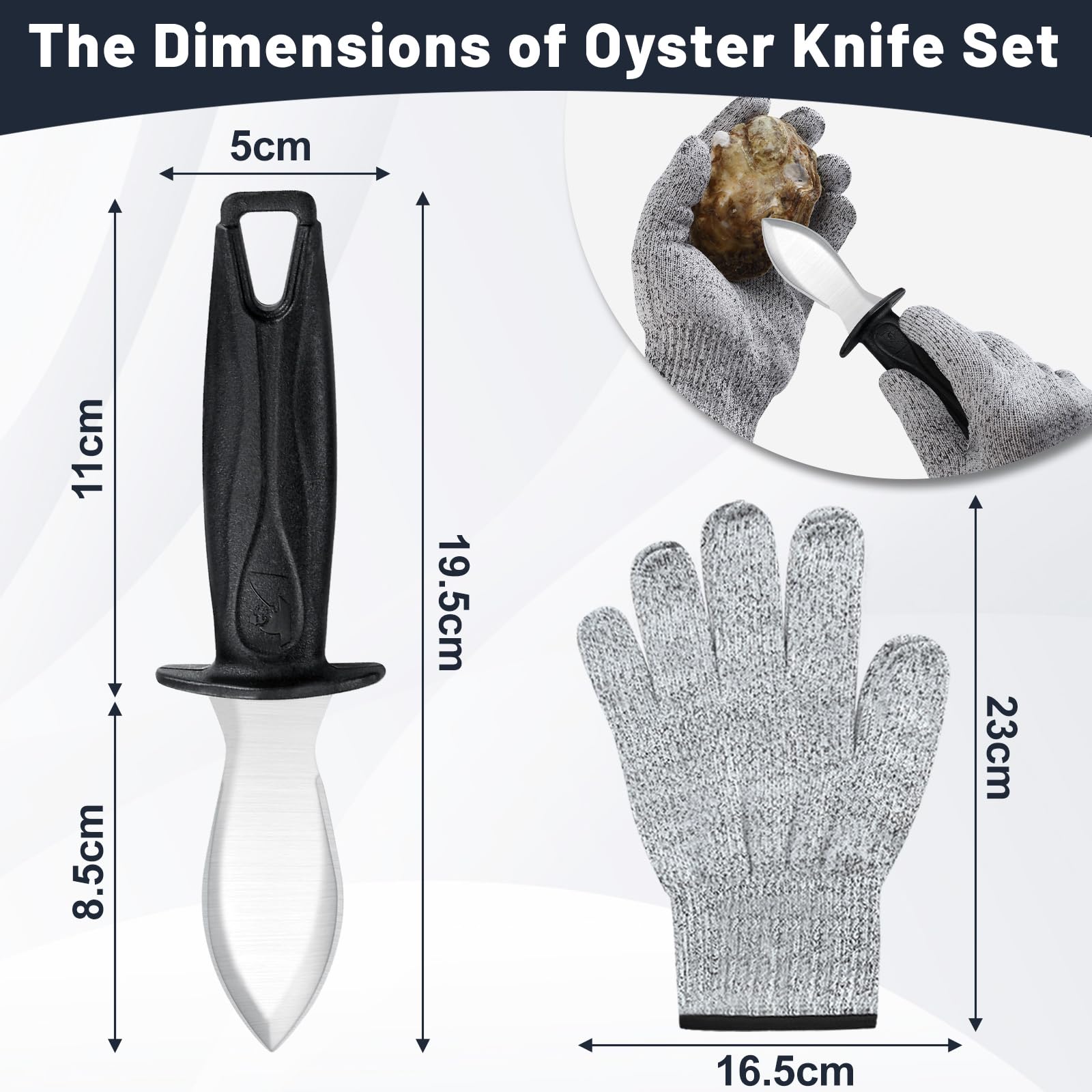 Bestdin Coltello per ostriche, 2 Pezzi Coltello Ostriche con 2 Coppie Guanti Antitaglio Alimentari, Coltello per Ostriche In Acciaio Inox con Impugnatura Ergonomica, Apri Ostriche Professionale