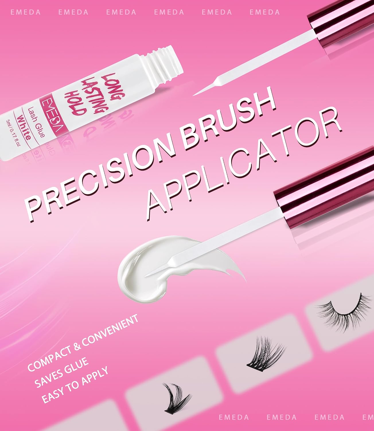 EMEDA 5 Day Strong Hold Lash Glue, Hypoallergenic Waterproof Eyelash Adhesive for Strip Lashes & Lash Clusters, Quick Dry Gentle Formula, Long Lasting Lash Glue with Precision Brush Applicator (White)
