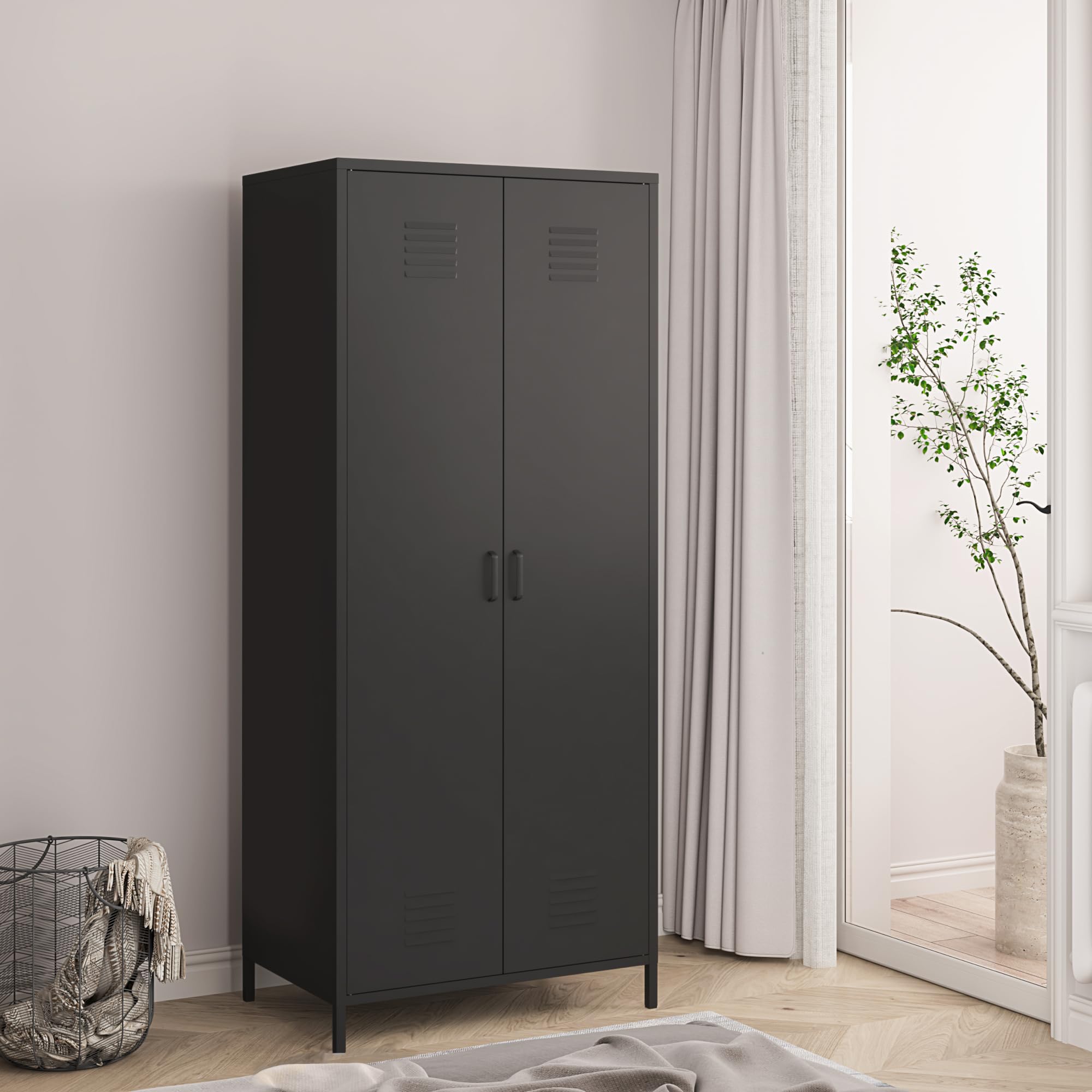 [en.casa] Armoire Métallique Vestiaire Casier avec Fentes d'Aération Barre de Penderie Meuble de Rangement Style Industriel pour Chambre Bureau Atelier Acier 180 x 76 x 50 cm Noir Mat