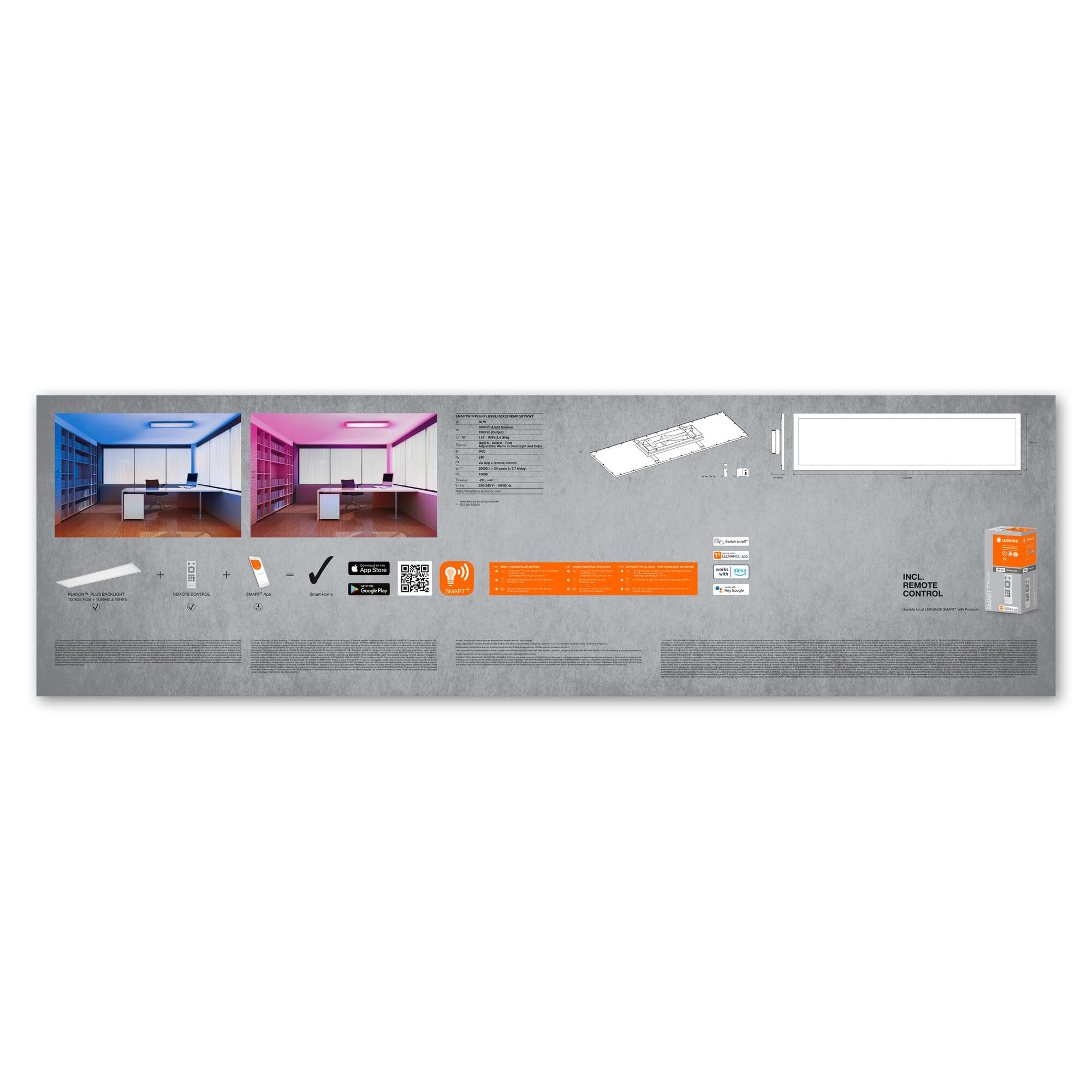 LEDVANCE Plafoniera WiFi bianca, 30W, 1900LM, 3000-6500K, 100x25 cm, lampada da parete dimmerabile, tecnologia RGB, Smart+ Planon, controllabile tramite app o assistenti vocali come Alexa o Google