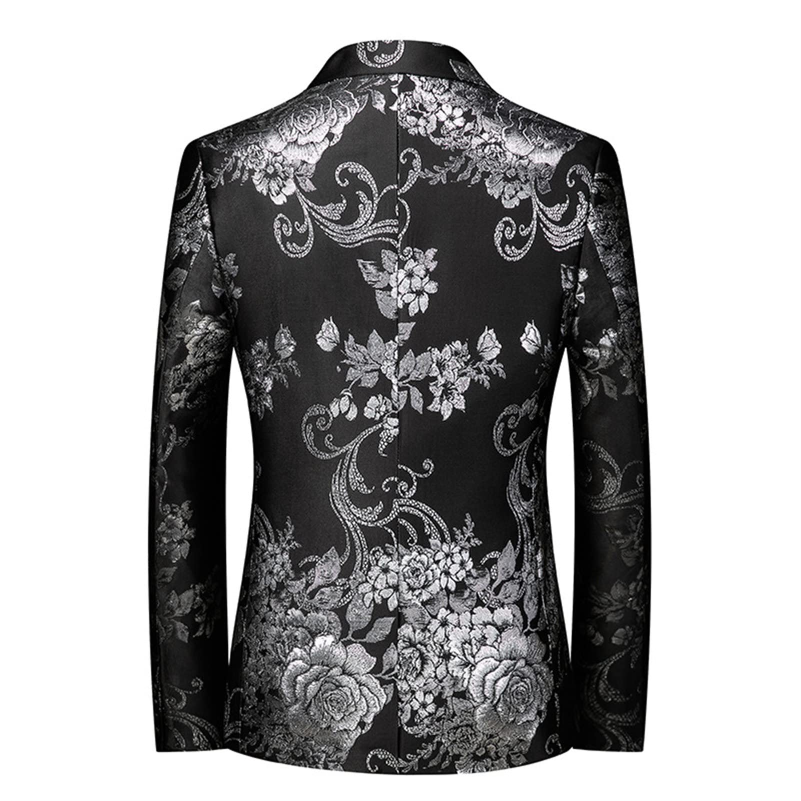 Mens Notched Lapel Dress Floral Suit Luxury Printed Slim Fit Stylish Blazer Casual Single Breasted Wedding Jacket (Black,3X-Large)