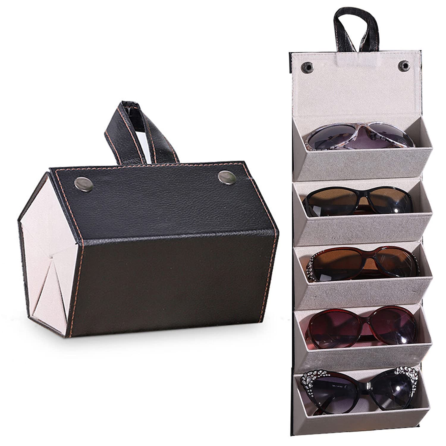 TJC Portable Sunglasses Travel Organizer 3/5 Slots Foldable Sunglasses Storage Case Eyeglasses Holder Box Multipurpose Compact Design Faux Leather Black/Blue/Brown/Grey/Pink/Maroon