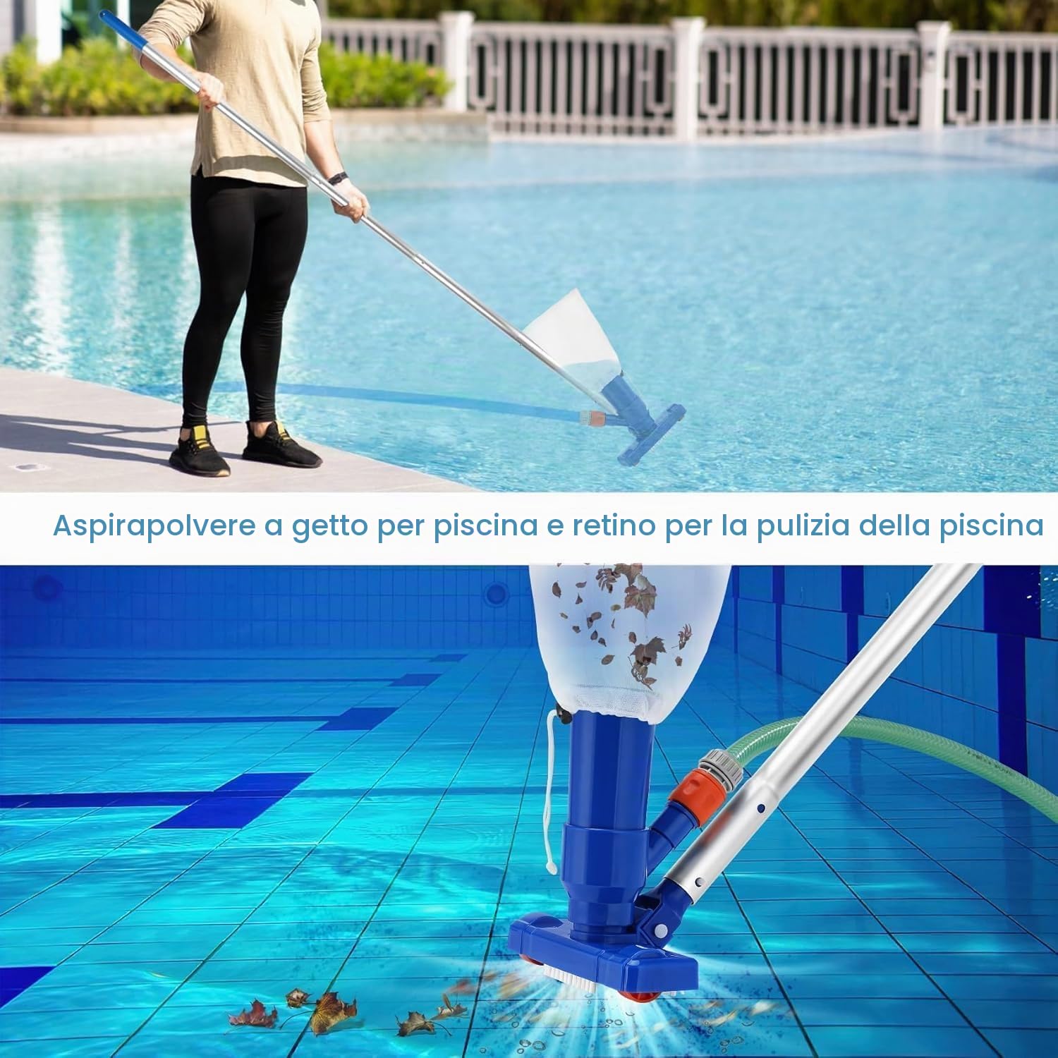Set di aspirapolvere per Piscina, 71 pollici palo Aspiratori Portatili Piscina per Manutenzione della Piscinas con spazzola, Kit di Pulizia per Piscine Spa Vasca Pulizia di foglie sporco sabbia