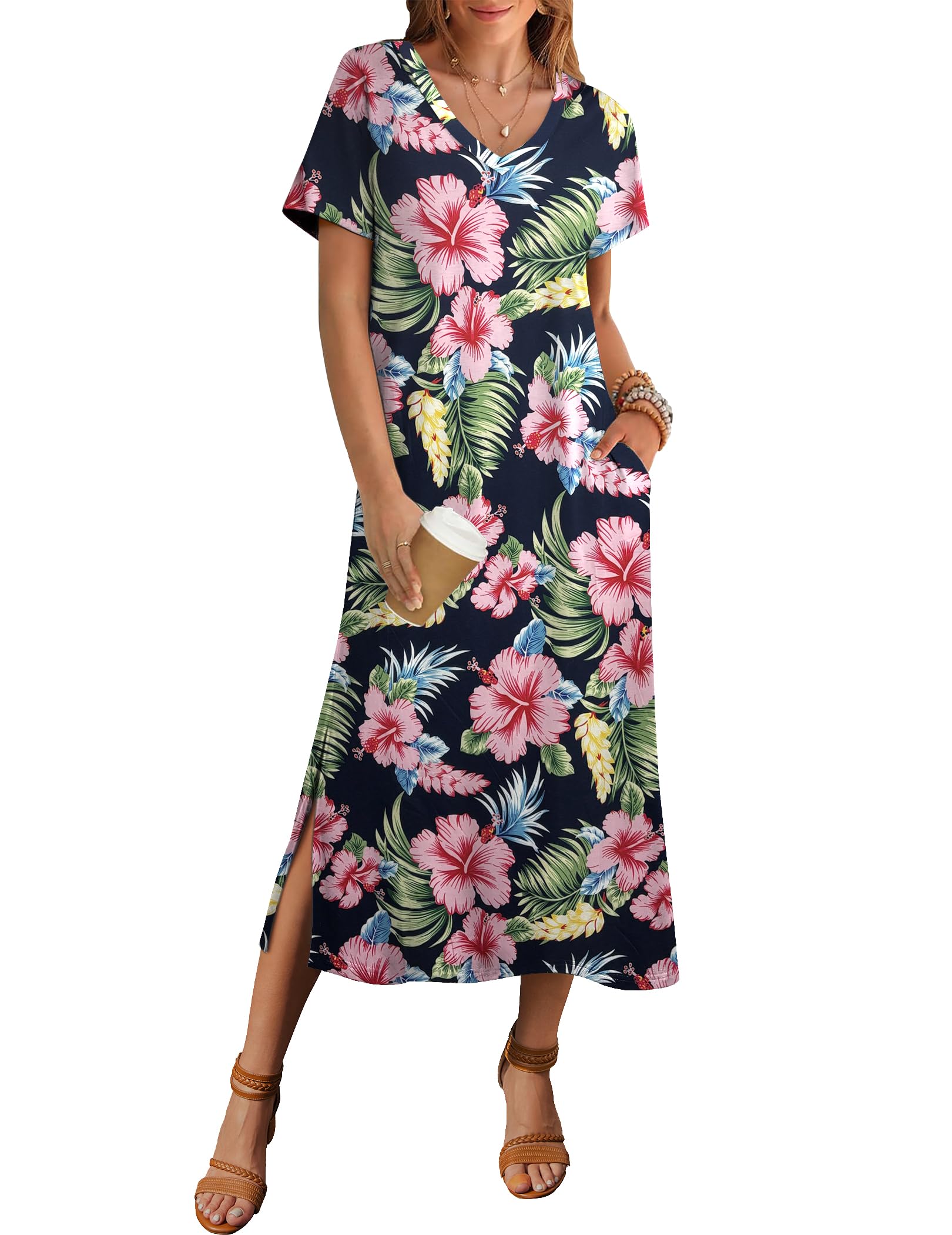 Zeagoo Women Summer Floral Dress Short Sleeve Beach Dress with Pockets Casual V-Neck Split Long T-Shirt Dress Travel Vacation