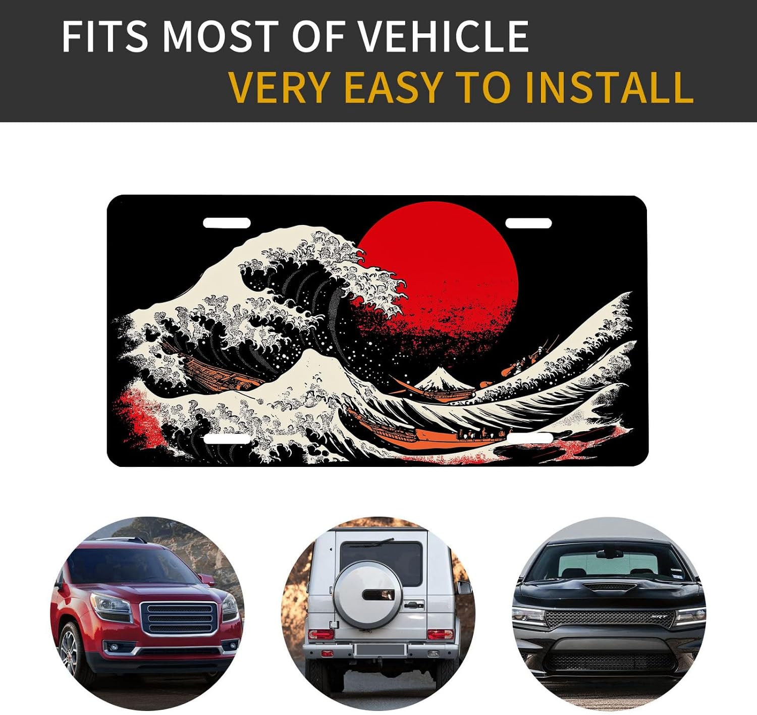 Japanese Mount Fuji Front License Plate for Women Great Wave Red Sun Car Vanity Plates Decorative Aluminum Metal Cute Novelty License Plate 6x12 Inch (4 Holes)