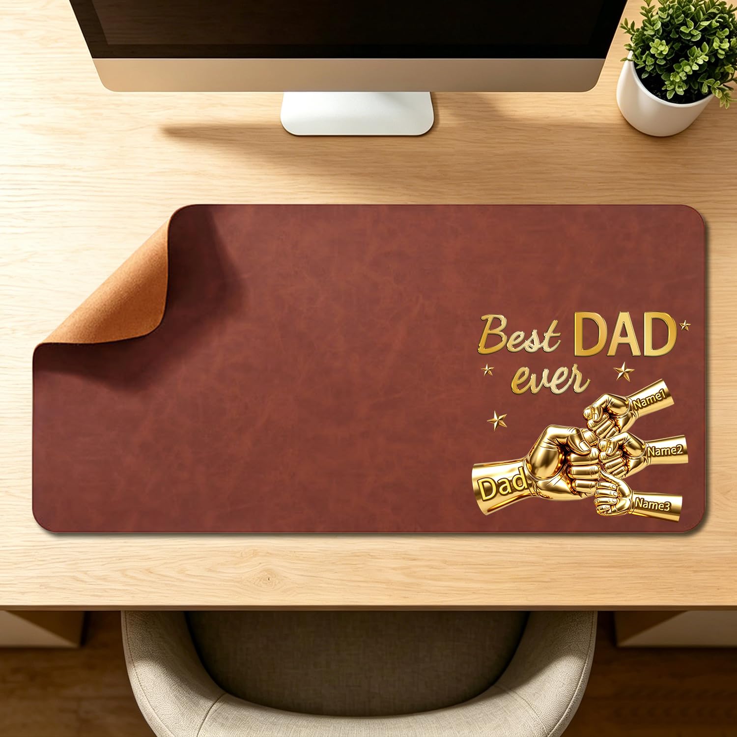 Personalize Best DAD Ever Fist Bump Dad and Kids Leather Desk Mat, Custom Father’s Day Fist Bump Leather Mouse Pad Desk Mat for Men,Daddy, Papa