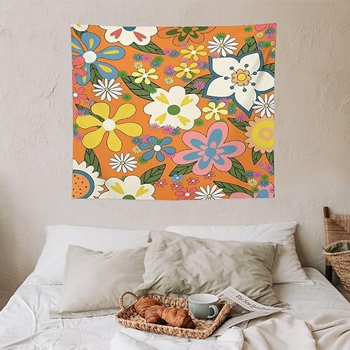 Miniatura 105 de Tapiz floral retro de los años 60 y 70, diseño hippie de primavera Groovy Flower Power Flower Boho para colgar en la pared, arte neutro para Hippie