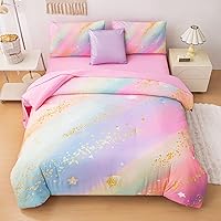 Vista 22 de Juego de ropa de cama arcoíris tamaño individual – Edredón reversible de 5 piezas para niñas con sábana de bolsillo profundo, diseño de galaxia