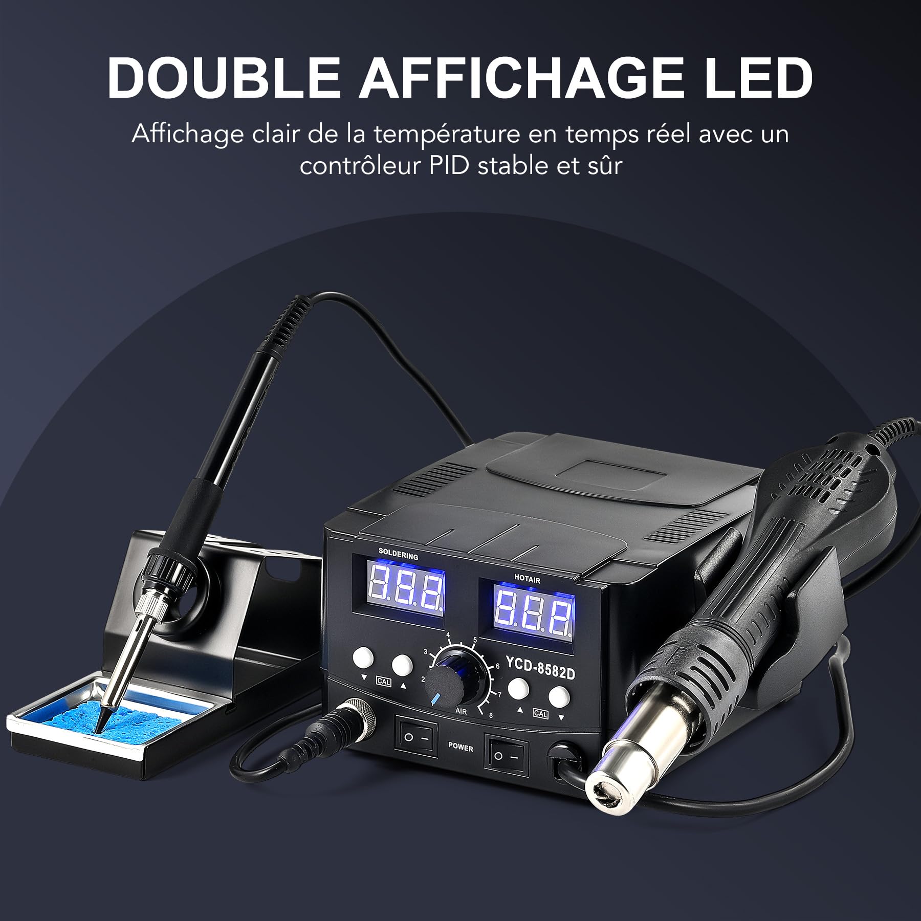 CREWORKS 2 en 1 Station de Soudage 8582D avec Pistolet à Air Chaud 750W Fer à Souder 75W 200-480℃ Affichage LED Numérique