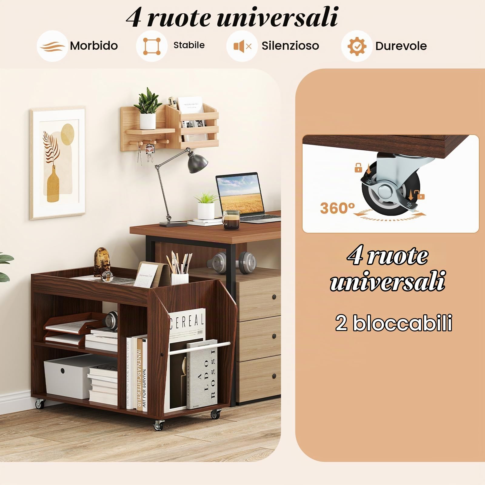 LIFEZEAL Tavolino da Divano con 4 Ruote, Tavolino Laterale da Caffè a 3 Ripiani, in Legno, Piccolo, Salvaspazio, Anticaduta, Industriale, Rustico, Soggiorno, Salotto, Side Table, 76x39,5x55cm, Marrone